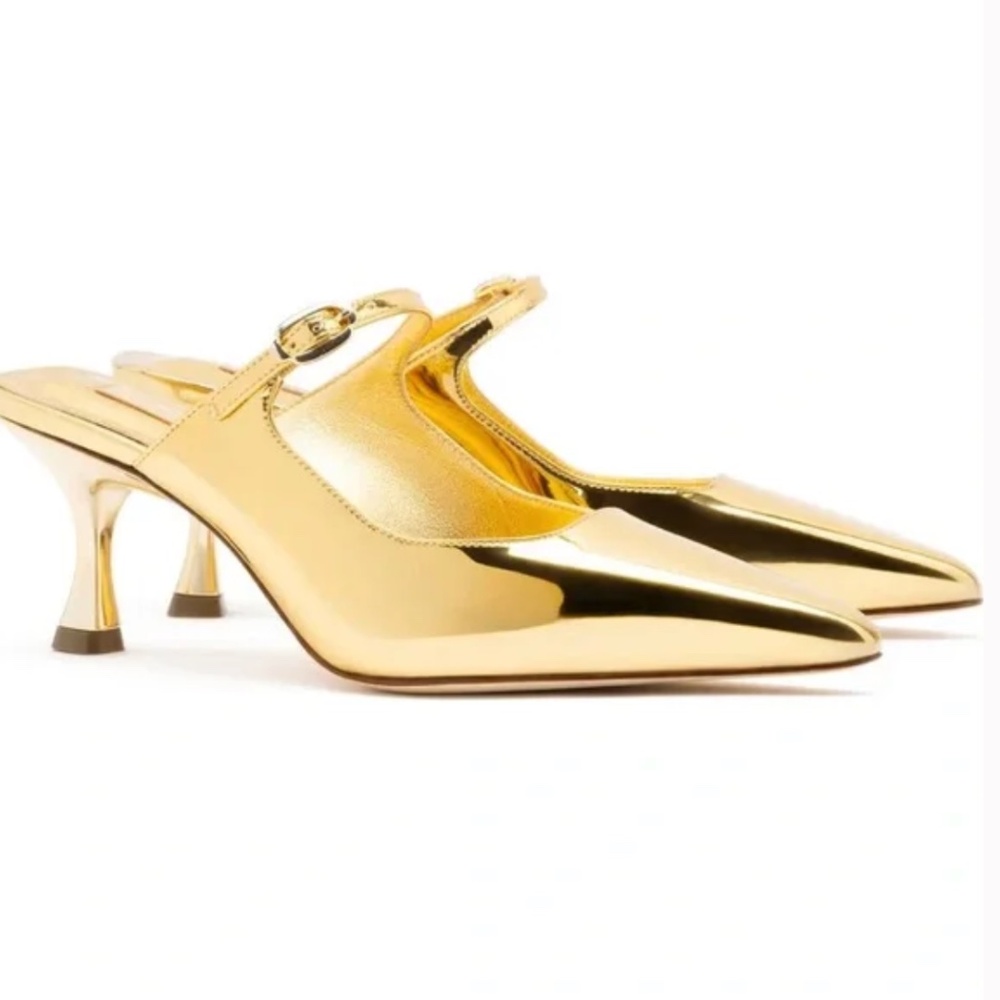 LARROUDE “Ines” Gold Specchio Patent Leather Mules Heels Pumps 7